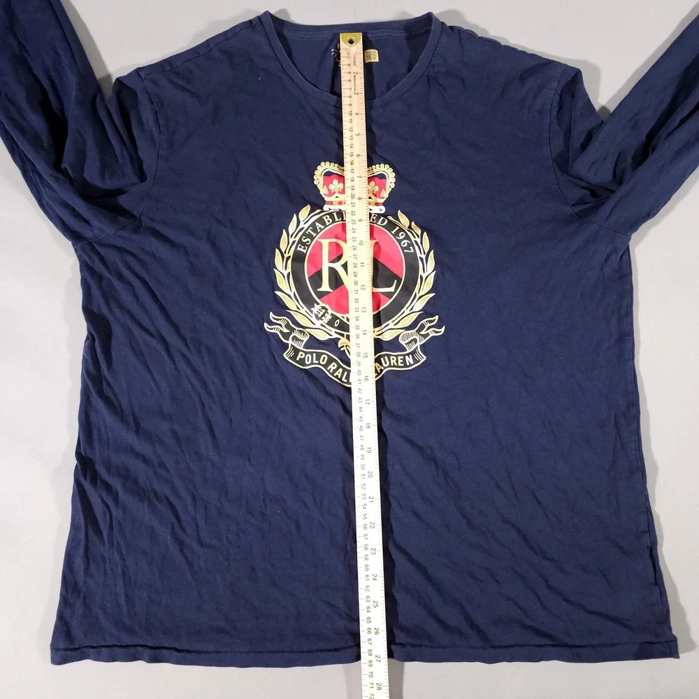 Polo Ralph Lauren T-Shirt Mens XL Navy Blue Crest Graphic Long Sleeve Slim Fit